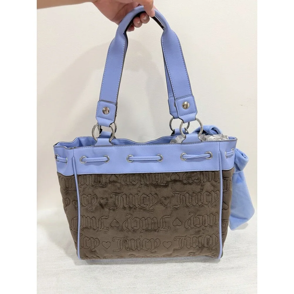 Juicy Couture Vintage Dream Tote Chocolate Blue Velour Bow NWT Y2K